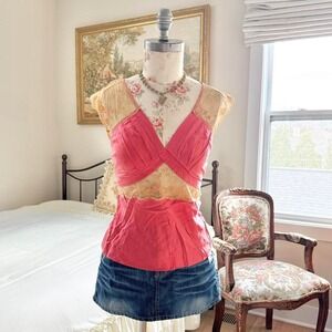 pink lace cami  Y2K pink silk‎ blend lace cami Moda International size small
